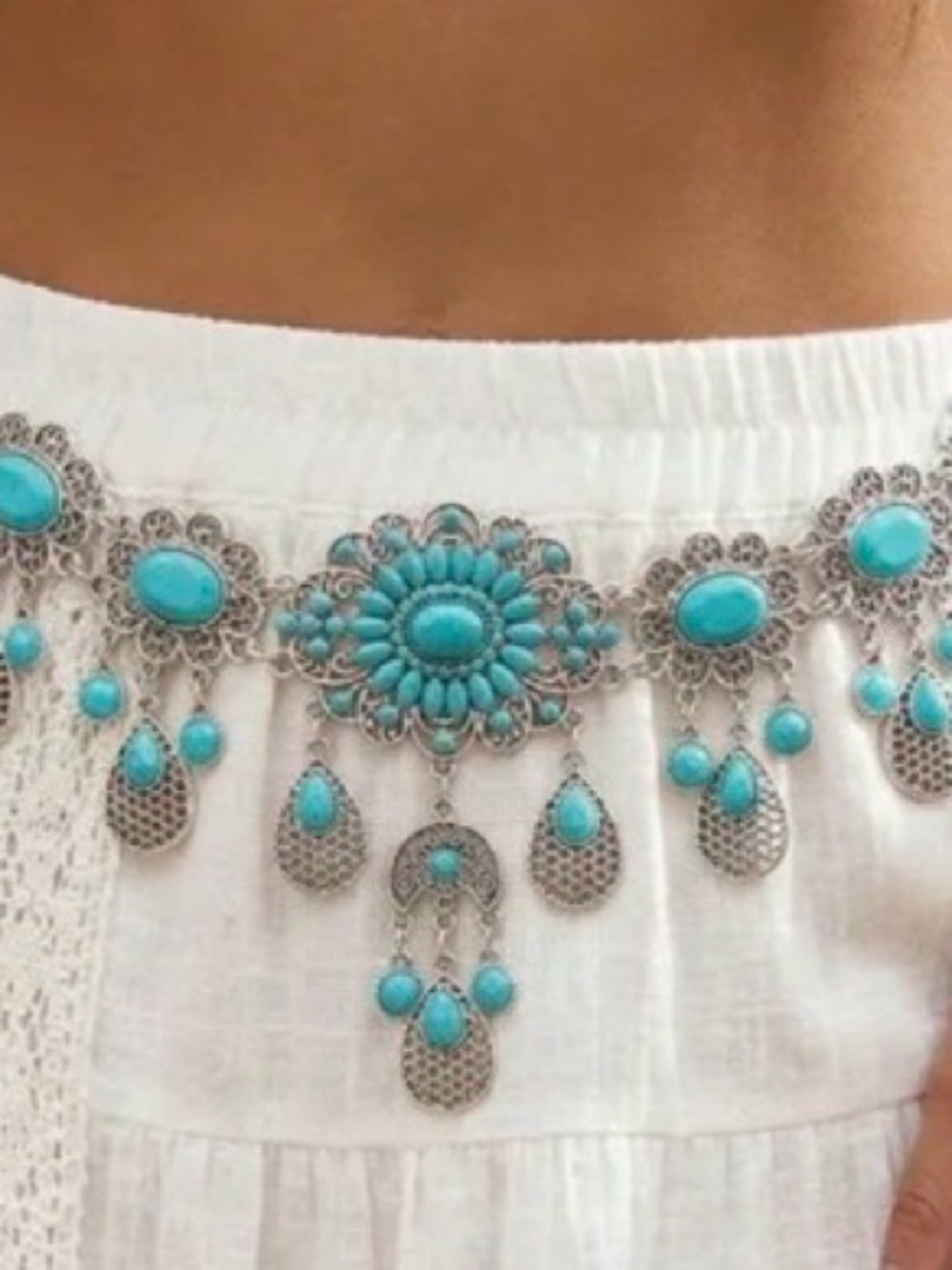 Turquoise Stone Filigree Chandelier Boho Belt - Women Jewelry